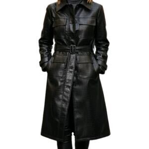 Croc Trench Coat Womens Jason Wu Black Embossed Faux Leather Long Edgy Jacket M